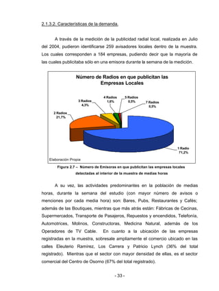 - 33 -
2.1.3.2. Características de la demanda.
A través de la medición de la publicidad radial local, realizada en Julio
del 2004, pudieron identificarse 259 avisadores locales dentro de la muestra.
Los cuales corresponden a 184 empresas, pudiendo decir que la mayoría de
las cuales publicitaba sólo en una emisora durante la semana de la medición.
A su vez, las actividades predominantes en la población de medias
horas, durante la semana del estudio (con mayor número de avisos o
menciones por cada media hora) son: Bares, Pubs, Restaurantes y Cafés;
además de las Boutiques, mientras que más atrás están: Fábricas de Cecinas,
Supermercados, Transporte de Pasajeros, Repuestos y encendidos, Telefonía,
Automotrices, Molinos, Constructoras, Medicina Natural, además de los
Operadores de TV Cable. En cuanto a la ubicación de las empresas
registradas en la muestra, sobresale ampliamente el comercio ubicado en las
calles Eleuterio Ramírez, Los Carrera y Patricio Lynch (36% del total
registrado). Mientras que el sector con mayor densidad de ellas, es el sector
comercial del Centro de Osorno (67% del total registrado).
Número de Radios en que publicitan las
Empresas Locales
2 Radios
21,7%
1 Radio
71,2%
4 Radios
1,6%
5 Radios
0,5% 7 Radios
0,5%
3 Radios
4,3%
Elaboración Propia
Figura 2.7 – Número de Emisoras en que publicitan las empresas locales
detectadas al interior de la muestra de medias horas
 