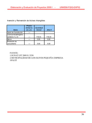 36
Inversión y Reinversión de Activos Intangibles
Items
Precio
Unitario
en u.m.
Cantidad
Inicial Año 0
Gasto de Constitución ---
Licencia Inicial/registro
sanitario (1 y 2) --- 118,33 118,33
Marca --- 0,00 0,00
Promoción de
Lanzamiento --- 0,00 0,00
Elaboración y Evaluación de Proyectos 2009 I - UNMSM-FQIQ-EAPIQ
36
FUENTE:
1.SUNAT UIT 2009 S/.3550
2.MUNICIPALIDAD DE LOS OLIVOS PEQUEÑA EMPRESA
10%UIT
 