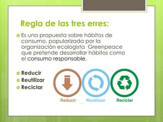 Regla de las tres erres:
 Es una propuesta sobre hábitos de
consumo, popularizada por la
organización ecologista Greenpeace
que pretende desarrollar hábitos como
el consumo responsable.
 Reducir
 Reutilizar
 Reciclar
 
