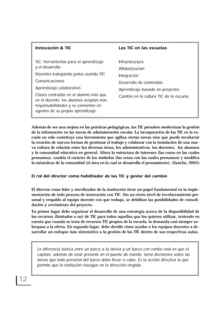 Además de ser una mejora en las prácticas pedagógicas, las TIC permiten modernizar la gestión
de la información en las tareas de administración escolar. La incorporación de las TIC en la es-
cuela no sólo constituye una herramienta que agiliza ciertas tareas sino que puede involucrar
la creación de nuevas formas de gestionar el trabajo y colaborar con la instalación de una nue-
va cultura de relación entre las diversas áreas, los administrativos, los docentes, los alumnos
y la comunidad educativa en general. Altera la estructura de intereses (las cosas en las cuales
pensamos), cambia el carácter de los símbolos (las cosas con las cuales pensamos) y modifica
la naturaleza de la comunidad (el área en la cual se desarrolla el pensamiento). (Sancho, 2005)
El rol del director como habilitador de las TIC y gestor del cambio
El director como líder y movilizador de la institución tiene un papel fundamental en la imple-
mentación de todo proceso de innovación con TIC. Sin un cierto nivel de involucramiento per-
sonal y respaldo al equipo docente con que trabaja, se debilitan las posibilidades de consoli-
dación y crecimiento del proyecto.
En primer lugar debe organizar el desarrollo de una estrategia acerca de la disponibilidad de
los recursos (limitados o no) de TIC para todos aquellos que los quieren utilizar, teniendo en
cuenta que cuando se trata de recursos TIC propios de la escuela, la demanda casi siempre so-
brepasa a la oferta. En segundo lugar, debe decidir cómo ayudar a los equipos docentes a de-
sarrollar un enfoque más sistemático a la gestión de las TIC dentro de sus respectivas aulas.
12
Innovación & TIC
TIC: herramientas para el aprendizaje
y el desarrollo
Docentes trabajando juntos usando TIC
Comunicaciones
Aprendizaje colaborativo
Clases centradas en el alumno más que
en el docente: los alumnos aceptan más
responsabilidades y se convierten en
agentes de su propio aprendizaje.
Las TIC en las escuelas
Infraestructura
Alfabetización
Integración
Desarrollo de contenidos
Aprendizaje basado en proyectos
Cambio en la cultura TIC de la escuela
La diferencia básica entre un barco a la deriva y un barco con rumbo está en que el
capitán, además de estar presente en el puente de mando, toma decisiones sobre las
tareas que todo personal del barco debe llevar a cabo. Es la acción directiva la que
permite que la institución navegue en la dirección elegida.
 