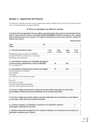 57
Ejemplo 3 – Seguimiento del Proyecto
A continuación se reproduce una de las fichas de seguimiento que debían completar cada uno de los CedeI (Centros de Innova-
ción) o escuelas participantes del proyecto INTEGRA.
2ª FICHA DE SEGUIMIENTO DEL PROYECTO INTEGRA
La presente ficha de seguimiento tiene por objeto reunir información sobre el proceso de desarrollo del pro-
yecto en cada uno de los CedeI en el período AGOSTO-NOVIEMBRE de 2004. En función de ello, consigne
toda la información que crea necesaria. Si el espacio destinado para ello no fuera suficiente, agregue los
espacios que necesite.
Muchas gracias
País AE
CedeI
1. ¿Con qué frecuencia se reúne… 1 vez cada cada 1 vez
x sem 15 días 3 sem x mes
la totalidad del equipo de docentes de INTEGRA?
el equipo INTEGRA con el director de su escuela para
intercambiar sobre el proyecto?
2. ¿Se realizaron reuniones y/o actividades del Proyecto
con otros actores institucionales y socios de INTEGRA? SÍ NO
Pase a la pregunta Nº9
3. ¿Con quiénes se hicieron estos encuentros de trabajo? SÍ NO
Con otros docentes de la institución
Con estudiantes
Con padres
Con instituciones de la comunidad (¿cuáles?)
…………………………………………………
Con la AE
Con el tutor y/o co-tutor
Con otros CedeI (reuniones presenciales)
Con otros CedeI (comunicación via E-mail)
4. Por favor, indique brevemente los motivos de los intercambios mantenidos con otros CedeI,
las principales cuestiones que fueron abordadas y/o los acuerdos alcanzados.
5. Por favor, indique qué vínculos trabaron con otras instituciones de la comunidad, con qué objetivo
y si los hubo, cuáles fueron los acuerdos alcanzados.
6. ¿Cuántas reuniones y/o actividades con docentes de la institución realizaron
entre agosto y diciembre de este año?
7. Describa brevemente los objetivos de las reuniones realizadas con los docentes de su escuela y las
principales cuestiones que se trataron.
 
