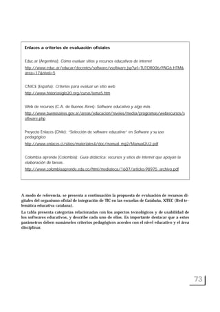 A modo de referencia, se presenta a continuación la propuesta de evaluación de recursos di-
gitales del organismo oficial de integración de TIC en las escuelas de Cataluña, XTEC (Red te-
lemática educativa catalana).
La tabla presenta categorías relacionadas con los aspectos tecnológicos y de usabilidad de
los softwares educativos, y describe cada uno de ellos. Es importante destacar que a estos
parámetros deben sumárseles criterios pedagógicos acordes con el nivel educativo y el área
disciplinar.
73
Enlaces a criterios de evaluación oficiales
Educ.ar (Argentina): Cómo evaluar sitios y recursos educativos de Internet
http://www.educ.ar/educar/docentes/software/vsoftware.jsp?url=TUTOR006/PAG6.HTM&
area=17&nivel=5
CNICE (España): Criterios para evaluar un sitio web
http://www.historiasiglo20.org/curso/tema5.htm
Web de recursos (C.A. de Buenos Aires): Software educativo y algo más
http://www.buenosaires.gov.ar/areas/educacion/niveles/media/programas/webrecursos/s
oftware.php
Proyecto Enlaces (Chile): “Selección de software educativo” en Software y su uso
pedagógico
http://www.enlaces.cl/sitios/materiales4/doc/manual_mg2/Manual2U2.pdf
Colombia aprende (Colombia): Guía didáctica: recursos y sitios de Internet que apoyan la
elaboración de tareas.
http://www.colombiaaprende.edu.co/html/mediateca/1607/articles-98975_archivo.pdf
 