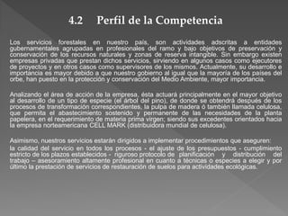 4.2      Perfil de la Competencia
Los servicios forestales en nuestro país, son actividades adscritas a entidades
gubernamentales agrupadas en profesionales del ramo y bajo objetivos de preservación y
conservación de los recursos naturales y zonas de reserva intangible. Sin embargo existen
empresas privadas que prestan dichos servicios, sirviendo en algunos casos como ejecutores
de proyectos y en otros casos como supervisores de los mismos. Actualmente, su desarrollo e
importancia es mayor debido a que nuestro gobierno al igual que la mayoría de los países del
orbe, han puesto en la protección y conservación del Medio Ambiente, mayor importancia.

Analizando el área de acción de la empresa, ésta actuará principalmente en el mayor objetivo
al desarrollo de un tipo de especie (el árbol del pino), de donde se obtendrá después de los
procesos de transformación correspondientes, la pulpa de madera ó también llamada celulosa,
que permita el abastecimiento sostenido y permanente de las necesidades de la planta
papelera, en el requerimiento de materia prima virgen; siendo sus excedentes orientados hacia
la empresa norteamericana CELL MARK (distribuidora mundial de celulosa).

Asimismo, nuestros servicios estarán dirigidos a implementar procedimientos que aseguren:
la calidad del servicio en todos los procesos - el ajuste de los presupuestos - cumplimiento
estricto de los plazos establecidos - riguroso protocolo de planificación y distribución del
trabajo – asesoramiento altamente profesional en cuanto a técnicas o especies a elegir y por
último la prestación de servicios de restauración de suelos para actividades ecológicas.
 