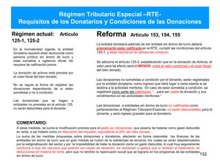 Régimen Tributario Especial –RTE-
Requisitos de los Donatarios y Condiciones de las Donaciones
Régimen actual: Artículo
125-1, 125-2
En la normatividad vigente, la entidad
donataria requiere estar reconocida como
persona jurídica sin ánimo de lucro y
estar sometida a vigilancia oficial. No
requiere de calificación previa.
La donación de activos está prevista por
el costo fiscal del bien donado.
No se regula la forma de registrar las
donaciones dependiendo de si están
sometidas o no a condición.
Las donaciones que se hagan a
entidades no previstas en el artículo 125,
no serán deducibles para el donante.
Reforma Artículo 153, 154, 155
La entidad donataria además de ser entidad sin ánimo de lucro deberá
previamente estar calificada en el RTE, cumplir las condiciones del artículo
125-1, y estar inscrita en la cámara de comercio.
Se adiciona el artículo 125-2, estableciendo que en la donación de Activos, el
valor para tal efecto será el MENOR entre el valor comercial y el costo fiscal
del bien donado.
Las donaciones no sometidas a condición por el donante, serán registradas
por la entidad donataria, como ingreso que dará lugar a renta exenta si se
destina a la actividad meritoria. En caso de estar sometida a condición, se
registrará como parte del patrimonio, “…para ser usada la donación y sus
rendimientos en las actividades meritorias.”
Las donaciones a entidades sin ánimo de lucro no calificadas como
pertenecientes al Régimen Tributario Especial, no serán descontables para el
donante, y será ingreso gravado para el donatario.
132
COMENTARIO:
A estas medidas, se suma la modificación prevista para el gasto por donaciones, que pasaría de tratarse como gasto deducible
en renta, a ser tratado como un descuento del impuesto, equivalente al 20% del valor donado.
La suma de las medidas propuestas sobre donaciones y donatarios, afectarán en forma ostensible las finanzas de las
entidades sin ánimo de lucro que en gran medida se nutren de la solidaridad de terceros, los cuales se verán desestimulados
por la estigmatización del sector y por la imposibilidad de tratar la donación como un gasto deducible, lo cual muy seguramente
conducirá a que los recursos que podrían ser objeto de donación, se reorienten a gastos que sí tendrán el tratamiento de
deducciones en materia de renta, pero que no tendrán la repercusión social que se lograría en los programas de las entidades
sin ánimo de lucro.
 