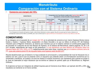 Monotributo
Comparación con el Sistema Ordinario
• Comercio con margen del 10%:
COMENTARIO:
Si se trabajara con el supuesto de un margen del 10% en la actividad de comercio al por menor (Ingresos Brutos menos
Costos y Gastos = Ingresos Netos, equiparable a la Base Gravable a la que se refiere el artículo 241 del Estatuto
Tributario para el Régimen Ordinario), se observa que mientras que por el sistema ordinario el contribuyente pagaría $0
de impuesto en cualquiera de los tres Rangos de Ingresos, en el sistema del Monotributo, estaría pagando 16, 24 o 32
UVT anuales, dependiendo del rango al que pertenezca, lo cual significaría una tasa efectiva de tributación sobre los
Ingresos Netos del 7,6%, 8,6% y 9,1% respectivamente para cada rango, mientras que por el sistema ordinario sería de
0%, pues este sistema prevé 0% de impuesto hasta unos ingresos netos de 600 UVT.
Resulta desafortunado que el Gobierno no haya analizado la armonización y comparabilidad del nivel de tributación de un
sistema con otro, pues lo que se presenta como un esquema que pretende atraer a la formalización económica por su
simplicidad y beneficios, se quiebra a la hora de analizar el impacto económico que representa para quienes se acojan a
él, pues es ostensible la mayor tributación que se tendría en cabeza de quienes opten por el Monotributo vs. Régimen
Ordinario.
Si el ejercicio se hace con márgenes de utilidad mayores para el Comercio al por Menor, por ejemplo del 20% y 30%, los
resultados se mantienen en el mismo sentido: 138
Desde Hasta En UVT % En UVT %
A 0 2.100 16 210 16 7,6% 0 0,0%
B > 2.100 2.800 24 280 24 8,6% 0 0,0%
C > 2.800 3.500 32 350 32 9,1% 0 0,0%
* En el Estudio de la Comisión de Expertos, Cuadro sobre límites indicativos a costos y gastos, Pag. 46, se asume que los Costos y Gastos en la
Actividad de Comercio Al Por Menor es del 90%, de lo cual se infiere que los Ingresos NETOS en la Actividad de Comercio al por Menor es del 10%
Comparativo de la Tasa Efectiva medida sobre Ingresos Netos del 10% *
(Equivalente a la Base Gravable en Renta Ordinaria)
Ingresos Netos
en UVT
(Ingresos Brutos
x 10%)
Valor que pagaría por
Sistema Ordinario
Valor que pagaría por
MonoTributo
Ingresos Brutos Anuales en UVT
Valor Anual a
Pagar en UVT
MONOTRIBUTO
Categoría
 