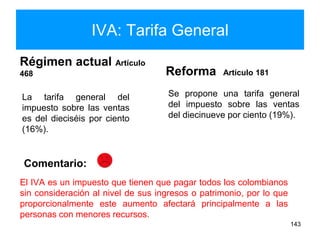 IVA: Tarifa General
Régimen actual Artículo
468
La tarifa general del
impuesto sobre las ventas
es del dieciséis por ciento
(16%).
Reforma Artículo 181
Se propone una tarifa general
del impuesto sobre las ventas
del diecinueve por ciento (19%).
143
Comentario:
El IVA es un impuesto que tienen que pagar todos los colombianos
sin consideración al nivel de sus ingresos o patrimonio, por lo que
proporcionalmente este aumento afectará principalmente a las
personas con menores recursos.
 