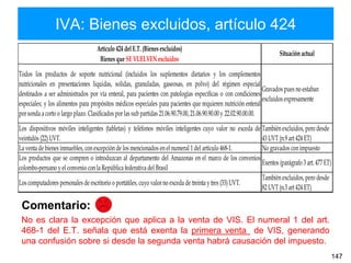 IVA: Bienes excluidos, artículo 424
147
Artículo 424 delE.T. (Bienes excluidos)
Bienes que SE VUELVENexcluidos
Todos los productos de soporte nutricional (incluidos los suplementos dietarios y los complementos
nutricionales en presentaciones liquidas, solidas, granuladas, gaseosas, en polvo) del régimen especial
destinados a ser administrados por vía enteral, para pacientes con patologías específicas o con condiciones
especiales; y los alimentos para propósitos médicos especiales para pacientes que requieren nutrición enteral
porsonda a corto o largo plazo. Clasificados porlas sub partidas 21.06.90.79.00, 21.06.90.90.00 y 22.02.90.00.00.
Gravados pues no estaban
excluidos expresamente
Los dispositivos móviles inteligentes (tabletas) y teléfonos móviles inteligentes cuyo valor no exceda de
veintidós (22)UVT.
Tambiénexcluidos, pero desde
43 UVT (n.9 art 424 ET)
La venta de bienes inmuebles, conexcepciónde los mencionados enel numeral 1 del artículo 468-1. No gravados conimpuesto
Los productos que se compren o introduzcan al departamento del Amazonas en el marco de los convenios
colombo-peruano y el convenio conla República federativa del Brasil
Exentos (parágrafo 3 art. 477 ET)
Los computadores personales de escritorio o portátiles, cuyo valorno exceda de treinta y tres (33)UVT.
Tambiénexcluidos, pero desde
82 UVT (n.3 art 424 ET)
Situación actual
Comentario:
No es clara la excepción que aplica a la venta de VIS. El numeral 1 del art.
468-1 del E.T. señala que está exenta la primera venta de VIS, generando
una confusión sobre si desde la segunda venta habrá causación del impuesto.
 