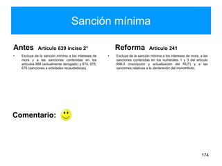 Sanción mínima
Antes Artículo 639 inciso 2°
• Excluye de la sanción mínima a los intereses de
mora y a las sanciones contenidas en los
artículos 668 (actualmente derogado) y 674, 675,
676 (sanciones a entidades recaudadoras).
Reforma Artículo 241
• Excluye de la sanción mínima a los intereses de mora, a las
sanciones contenidas en los numerales 1 y 3 del artículo
658-3 (inscripción y actualización del RUT) y a las
sanciones relativas a la declaración del monotributo.
174
Comentario:
 