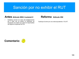 Sanción por no exhibir el RUT
Antes Artículo 658-3 numeral 2
• Establece sanción de cierre del establecimiento
por 3 días, por no exhibir el certificado de
inscripción en el RUT por parte de responsables
del régimen simplificado de IVA.
Reforma Artículo 252
Sustituye el cierre por una multa equivalente a 10 UVT.
185
Comentario:
 
