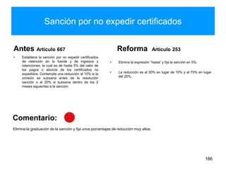 Sanción por no expedir certificados
Antes Artículo 667
• Establece la sanción por no expedir certificados
de retención en la fuente y de ingresos y
retenciones, la cual es de hasta 5% del valor de
los pagos o abonos de los certificados no
expedidos. Contempla una reducción al 10% si la
omisión se subsana antes de la resolución
sanción o al 20% si subsana dentro de los 2
meses siguientes a la sanción.
Reforma Artículo 253
• Elimina la expresión “hasta” y fija la sanción en 5%.
• La reducción es al 30% en lugar de 10% y al 70% en lugar
del 20%.
186
Elimina la graduación de la sanción y fija unos porcentajes de reducción muy altos.
Comentario:
 
