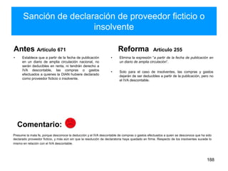 Sanción de declaración de proveedor ficticio o
insolvente
Antes Artículo 671
• Establece que a partir de la fecha de publicación
en un diario de amplia circulación nacional, no
serán deducibles en renta, ni tendrán derecho a
IVA descontable, las compras o gastos
efectuados a quienes la DIAN hubiere declarado
como proveedor ficticio o insolvente.
Reforma Artículo 255
• Elimina la expresión “a partir de la fecha de publicación en
un diario de amplia circulación”.
• Solo para el caso de insolventes, las compras y gastos
dejarán de ser deducibles a partir de la publicación, pero no
el IVA descontable.
188
Presume la mala fe, porque desconoce la deducción y el IVA descontable de compras o gastos efectuados a quien se desconoce que ha sido
declarado proveedor ficticio, y más aún sin que la resolución de declaratoria haya quedado en firme. Respecto de los insolventes sucede lo
mismo en relación con el IVA descontable.
Comentario:
 