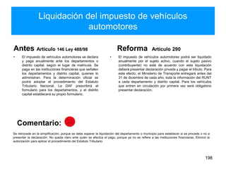 Liquidación del impuesto de vehículos
automotores
Antes Artículo 146 Ley 488/98
• El impuesto de vehículos automotores se declara
y paga anualmente ante los departamentos o
distrito capital, según el lugar de matrícula. Se
paga en las instituciones financieras que señalen
los departamentos y distrito capital, quienes lo
administran. Para la determinación oficial se
podrá adoptar el procedimiento del Estatuto
Tributario Nacional. La DAF prescribirá el
formulario para los departamentos, y el distrito
capital establecerá su propio formulario.
Reforma Artículo 290
• El impuesto de vehículos automotores podrá ser liquidado
anualmente por el sujeto activo, cuando el sujeto pasivo
(contribuyente) no esté de acuerdo con esta liquidación
deberá presentar declaración privada y pagar el tributo. Para
este efecto, el Ministerio de Transporte entregará antes del
31 de diciembre de cada año, toda la información del RUNT
a cada departamento y distrito capital. Para los vehículos
que entren en circulación por primera vez será obligatorio
presentar declaración.
198
Se retrocede en la simplificación, porque se debe esperar la liquidación del departamento o municipio para establecer si se procede o no a
presentar la declaración. No queda claro ante quién se efectúa el pago, porque ya no se refiere a las instituciones financieras. Eliminó la
autorización para aplicar el procedimiento del Estatuto Tributario.
Comentario:
 