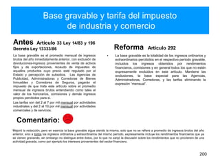 Base gravable y tarifa del impuesto
de industria y comercio
Antes Artículo 33 Ley 14/83 y 196
Decreto Ley 13333/86
La base gravable es el promedio mensual de ingresos
brutos del año inmediatamente anterior, con exclusión de
devoluciones-ingresos provenientes de venta de activos
fijos y de exportaciones, recaudo de impuestos de
aquellos productos cuyo precio esté regulado por el
Estado y percepción de subsidios. Las Agencias de
Publicidad, Administradoras y Corredoras de Bienes
Inmuebles y Corredores de Seguros, pagarán el
impuesto de que trata este artículo sobre el promedio
mensual de ingresos brutos entendiendo como tales el
valor de los honorarios, comisiones y demás ingresos
propios percibidos para sí.
Las tarifas son del 2 al 7 por mil mensual por actividades
industriales y del 2 al 10 por mil mensual por actividades
comerciales y de servicios.
Reforma Artículo 292
• La base gravable es la totalidad de los ingresos ordinarios y
extraordinarios percibidos en el respectivo período gravable,
incluidos los ingresos obtenidos por rendimientos
financieros, comisiones y en general todos los que no estén
expresamente excluidos en este artículo. Mantiene las
exclusiones, la base especial para las Agencias,
Administradoras, Corredoras, y las tarifas eliminando la
expresión “mensual”.
200
Mejoró la redacción, pero en esencia la base gravable sigue siendo la misma, solo que no se refiere a promedio de ingresos brutos del año
anterior, sino a todos los ingresos ordinarios y extraordinarios del mismo período, expresamente incluye los rendimientos financieros que ya
se vienen gravando, sin embargo no distingue entre éstos, por lo que no zanjó la discusión sobre los rendimientos que no provienen de una
actividad gravada, como por ejemplo los intereses provenientes del sector financiero.
Comentario:
 