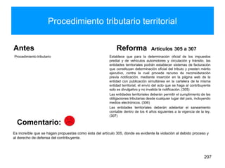 Procedimiento tributario territorial
Antes
Procedimiento tributario
Reforma Artículos 305 a 307
Establece que para la determinación oficial de los impuestos
predial y de vehículos automotores y circulación y tránsito, las
entidades territoriales podrán establecer sistemas de facturación
que constituyan determinación oficial del tributo y presten mérito
ejecutivo, contra la cual procede recurso de reconsideración
previa notificación, mediante inserción en la página web de la
entidad con publicación simultánea en la cartelera de la misma
entidad territorial, el envío del acto que se haga al contribuyente
solo es divulgativo y no invalida la notificación. (305)
Las entidades territoriales deberán permitir el cumplimiento de las
obligaciones tributarias desde cualquier lugar del país, incluyendo
medios electrónicos. (306)
Las entidades territoriales deberán adelantar el saneamiento
contable dentro de los 4 años siguientes a la vigencia de la ley.
(307)
207
Es increíble que se hagan propuestas como ésta del artículo 305, donde es evidente la violación al debido proceso y
al derecho de defensa del contribuyente.
Comentario:
 