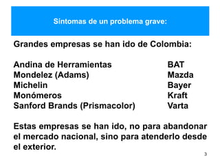 Síntomas de un problema grave:
3
Grandes empresas se han ido de Colombia:
Andina de Herramientas BAT
Mondelez (Adams) Mazda
Michelin Bayer
Monómeros Kraft
Sanford Brands (Prismacolor) Varta
Estas empresas se han ido, no para abandonar
el mercado nacional, sino para atenderlo desde
el exterior.
 