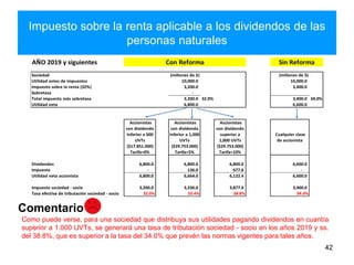 Impuesto sobre la renta aplicable a los dividendos de las
personas naturales
42
Como puede verse, para una sociedad que distribuya sus utilidades pagando dividendos en cuantía
superior a 1.000 UVTs, se generará una tasa de tributación sociedad - socio en los años 2019 y ss.
del 38.8%, que es superior a la tasa del 34.0% que prevén las normas vigentes para tales años.
Comentario
AÑO 2019 y siguientes
Sociedad (millones de $) (millones de $)
Utilidad antes de impuestos 10,000.0 10,000.0
Impuesto sobre la renta (32%) 3,200.0 3,400.0
Sobretasa -
Total impuesto más sobretasa 3,200.0 32.0% 3,400.0 34.0%
Utilidad neta 6,800.0 6,600.0
Accionistas
con dividendo
inferior a 600
UVTs
($17.851.000)
Tarifa=0%
Accionistas
con dividendo
inferior a 1,000
UVTs
($29.753.000)
Tarifa=5%
Accionistas
con dividendo
superior a
1,000 UVTs
($29.753.000)
Tarifa=10%
Cualquier clase
de accionista
Dividendos 6,800.0 6,800.0 6,800.0 6,600.0
Impuesto - 136.0 677.6 -
Utilidad neta accionista 6,800.0 6,664.0 6,122.4 6,600.0
Impuesto sociedad - socio 3,200.0 3,336.0 3,877.6 3,400.0
Tasa efectiva de tributación sociedad - socio 32.0% 33.4% 38.8% 34.0%
Con Reforma Sin Reforma
 