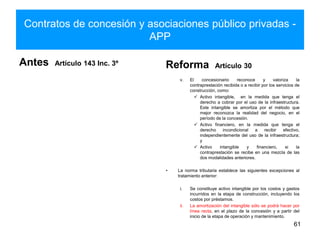 Contratos de concesión y asociaciones público privadas -
APP
Antes Artículo 143 Inc. 3º Reforma Artículo 30
v. El concesionario reconoce y valoriza la
contraprestación recibida o a recibir por los servicios de
construcción, como:
 Activo intangible, en la medida que tenga el
derecho a cobrar por el uso de la infraestructura.
Este intangible se amortiza por el método que
mejor reconozca la realidad del negocio, en el
período de la concesión.
 Activo financiero, en la medida que tenga el
derecho incondicional a recibir efectivo,
independientemente del uso de la infraestructura;
y
 Activo intangible y financiero, si la
contraprestación se recibe en una mezcla de las
dos modalidades anteriores.
• La norma tributaria establece las siguientes excepciones al
tratamiento anterior:
i. Se constituye activo intangible por los costos y gastos
incurridos en la etapa de construcción, incluyendo los
costos por préstamos.
ii. La amortización del intangible sólo se podrá hacer por
línea recta, en el plazo de la concesión y a partir del
inicio de la etapa de operación y mantenimiento.
61
 