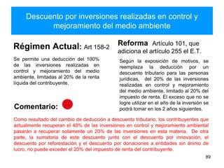 Descuento por inversiones realizadas en control y
mejoramiento del medio ambiente
Régimen Actual: Art 158-2
Se permite una deducción del 100%
de las inversiones realizadas en
control y mejoramiento del medio
ambiente, limitadas al 20% de la renta
líquida del contribuyente.
Reforma Artículo 101, que
adiciona el artículo 255 el E.T.
Según la exposición de motivos, se
reemplaza la deducción por un
descuento tributario para las personas
jurídicas, del 20% de las inversiones
realizadas en control y mejoramiento
del medio ambiente, limitado al 20% del
impuesto de renta. El exceso que no se
logre utilizar en el año de la inversión se
podrá tomar en los 2 años siguientes.
89
Como resultado del cambio de deducción a descuento tributario, los contribuyentes que
actualmente recuperan el 40% de las inversiones en control y mejoramiento ambiental
pasarán a recuperar solamente un 20% de las inversiones en esta materia. De otra
parte, la sumatoria de este descuento junto con el descuento por innovación, el
descuento por reforestación y el descuento por donaciones a entidades sin ánimo de
lucro, no puede exceder el 20% del impuesto de renta del contribuyente.
Comentario:
 