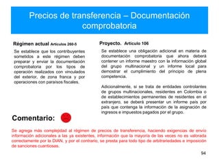Precios de transferencia – Documentación
comprobatoria
Régimen actual Artículos 260-5
Se establece que los contribuyentes
sometidos a este régimen deben
preparar y enviar la documentación
comprobatoria por los tipos de
operación realizados con vinculados
del exterior, de zona franca y por
operaciones con paraísos fiscales.
Proyecto. Artículo 106
94
Se agrega más complejidad al régimen de precios de transferencia, haciendo exigencias de envío
información adicionales a las ya existentes, información que la mayoría de las veces no es valorada
correctamente por la DIAN, y por el contrario, se presta para todo tipo de arbitrariedades e imposición
de sanciones cuantiosas.
Se establece una obligación adicional en materia de
documentación comprobatoria que ahora deberá
contener un informe maestro con la información global
del grupo multinacional y un informe local para
demostrar el cumplimiento del principio de plena
competencia.
Adicionalmente, si se trata de entidades controlantes
de grupos multinacionales, residentes en Colombia o
de establecimientos permanentes de residentes en el
extranjero, se deberá presentar un informe país por
país que contenga la información de la asignación de
ingresos e impuestos pagados por el grupo.
Comentario:
 