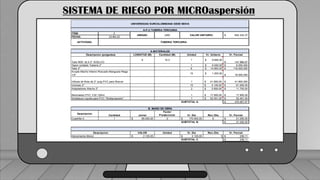 Caudal mínimo del emisor = 3.85
𝑙
ℎ
SISTEMA DE RIEGO POR MICROaspersión
ITEM: 2
FECHA: 23-feb-22
LONGITUD (M) Cantidad (M) Unidad Vr. Unitario Vr. Parcial
6 15,3 1 $ 9.650,00
147.966,67
$
1 $ 6.050,00 6.050,000
$
8 $ 14.900,00 119.200,000
$
15 $ 1.200,00
18.000,000
$
1 41.900,00
$ 41.900,000
$
15 4.100,00
$ 61.500,00
$
2 5.850,00
$ 11.700,00
$
1 17.900,00
$ 17.900,00
$
1 52.451,00
$ 52.451,00
$
SUBTOTAL A. 476.667,67
$
Descripcion
Cantidad Jornal
Factor
Prestacional Vr. Dia Ren./Dia Vr. Parcial
Cuadrilla A 1 85.000,00
$ 2 170.000,00
$ 8 21.250,00
$
SUBTOTAL B. 21.250,00
$
VALOR Unidad Vr. Dia Ren./Dia Vr. Parcial
2.125,00
$ 2.125,00
$ 9 236,11
$
SUBTOTAL C. 236,11
$
Descripcion
Herramienta Menor
Removedor PVC 1/32 120ml
Soldadura Liquida para PVC "Multiproposito"
B. MANO DE OBRA
Uniones 2"
Adaptadores Macho 2"
Acople Macho Interno Roscado Manguera Riego
1/2"
Válvula de Bola de 2" pulg PVC para Roscar
Tapon soldado Tubieria 2"
Tees 2"
Descripcion (pulgadas)
Tubo RDE 32,5 2" SOELCO
A.MATERIALES
ACTIVIDAD: TUBERIA TERCIARIA
VALOR UNITARIO: 652.332,37
$
UNIVERSIDAD SURCOLOMBIANA SEDE NEIVA
UNIDAD: UND
A.P.U TUBERIA TERCIARIA
 