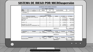 Caudal mínimo del emisor = 3.85
𝑙
ℎ
SISTEMA DE RIEGO POR MICROaspersión
ITEM: 3
FECHA: 23-feb-22
LONGITUD (M) Cantidad Unidad Vr. Unitario Vr. Parcial
6 45 $ 135.350,00
6.090.750,00
$
1 38.107,00
$ 38.107,00
$
1 $ 30.113,00 30.113,00
$
- 45 14.506,00
$ 652.770,00
$
1 17.900,00
$ 17.900,00
$
1 52.451,00
$ 52.451,00
$
- -
$
SUBTOTAL A. 6.882.091,00
$
Descripcion Cantidad Jornal Prestaciones Vr. Dia Ren./Dia Vr. Parcial
Cuadrilla A 1 85.000,00
$ 2 170.000,00
$ 8 21.250,00
$
SUBTOTAL B. 21.250,00
$
Valor Unidad Vr. Dia Ren./Dia Vr. Parcial
2.125,00
$ 2.125,00
$ 9 236,11
$
SUBTOTAL C. 236,11
$
C: EQUIPO Y HERRAMIENTA
Descripcion
Herramienta Menor
B. MANO DE OBRA
Soldadura Liquida para PVC "Multiproposito" (1/8)
Uniones 2 1/2"
Removedor PVC 1/32 120ml
Codo 2 1/2"
Tee 2 1/2"
Descripcion (pulgadas)
TUBO PVC CAMP/ANILLO RD 41 64 MM de 2
1/2″(tramo 6 mts)
A.MATERIALES
ACTIVIDAD: TUBERIA SECUNDARIA
UNIDAD: UND VALOR UNITARIO: 9.040.234,23
$
UNIVERSIDAD SURCOLOMBIANA SEDE NEIVA
A.P.U. TUBERIA SECUNDARIA
 