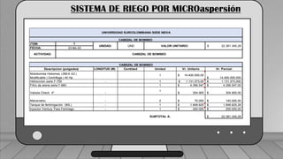 Caudal mínimo del emisor = 3.85
𝑙
ℎ
SISTEMA DE RIEGO POR MICROaspersión
ITEM: 5
FECHA: 23-feb-22
LONGITUD (M) Cantidad Unidad Vr. Unitario Vr. Parcial
1 14.400.000,00
$
14.400.000,000
$
- 1 $ 1.131.073,00 1.131.073,000
$
1 4.356.547
$ 4.356.547,00
$
-
1
304.900
$ 304.900,00
$
- 2 70.000
$ 140.000,00
$
- 1 1.848.825
$ 1.848.825,28
$
- 1 200.000
$ 200.000,00
$
SUBTOTAL A. 22.381.345,28
$
Tanque de fertiirrigación (90L)
Inyector Ventury Para Fertiriego
Valvula Check 4"
Manometro
Hidrociclon serie F-755
Filtro de arena serie F-660
Descripcion (pulgadas)
Motobomba Hidromac LÍNEA AZ |
Modificable | Centrífuga | 40 Hp
CABEZAL DE BOMBEO
ACTIVIDAD: CABEZAL DE BOMBEO
22.381.345,28
$
UNIDAD: UND
UNIVERSIDAD SURCOLOMBIANA SEDE NEIVA
CABEZAL DE BOMBEO
VALOR UNITARIO:
 