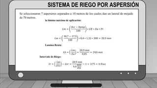 Caudal mínimo del emisor = 3.85
𝑙
ℎ
SISTEMA DE RIEGO POR ASPERSIÓN
Se seleccionaron 7 aspersores separados a 10 metros de los cuales dan un lateral de mojado
de 70 metros.
la lámina máxima de aplicación:
𝐿𝑚 =
𝜃𝑐𝑐 − 𝜃𝑝𝑚𝑝
100
∗ 𝑈𝐵 ∗ 𝐷𝑎 ∗ 𝑃𝑟
𝐿𝑚 =
30,7 − 17,5
100
∗ 0,4 ∗ 1,32 ∗ 300 = 20,9 𝑚𝑚
Lamina Bruta:
𝐿𝑏 =
𝐿𝑚
𝐸𝑎
=
20,9 𝑚𝑚
0,85
= 24,6 𝑚𝑚
Intervalo de Riego:
𝐼𝑟 =
𝐿𝑚
𝐸𝑡𝑣
− 𝑑𝑠𝑟 =
20,9 𝑚𝑚
4,4
𝑚𝑚
𝑑𝑖𝑎
− 1 = 3,75 = 4 𝐷𝑖𝑎𝑠
 