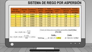 Caudal mínimo del emisor = 3.85
𝑙
ℎ
SISTEMA DE RIEGO POR ASPERSIÓN
Diametro
interno (Pulg)
Diametro
(m)
Caudal(prin
) (m³/seg)
Hf Hazen-
willianm
Hw(J)
Factor
ChristianSe
n sa/2 - (F)
Longitud
(m) L
Perdidas en el
Lateral Hf
=(J*F*L)
Perdidas
Permisibles
(m) (Baja)
3 0,074 0,00924 0,074 0,412 151 4,62 1,34
4 0,099 0,00924 0,018 0,412 151 1,09 1,34
5 0,124 0,00924 0,006 0,412 151 0,36 1,34
6 0,150 0,00924 0,002 0,412 151 0,15 1,34
8 0,201 0,00924 0,001 0,412 151 0,04 1,34
10 0,251 0,00924 0,000 0,412 151 0,01 1,34
12 0,302 0,00924 0,000 0,412 151 0,00 1,34
ℎ𝑚 = 0,20 ∗ 𝐻𝑜 −
𝑆 ∗ 𝐿
100
ℎ𝑚 = 0,20 ∗ 14,26 −
1 ∗ 151
100
= 1,34 𝑚
Criterio de Selección en perdidas permisibles (1m/43,30m)
(PSI/100)
4 pulg 5 pulg
9,24 l/seg ____ J= 100/1,73= 1 /57,8 J= 100/0.56= 1/178.5
 