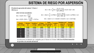 Se selecciona un diámetro de 2 pulgadas para el lateral en el tramo A-B (Lote B) Determinación
de presión a la entrada del lateral
SISTEMA DE RIEGO POR ASPERSIÓN
Presión de operación del emisor= 2 bares =
20,4 m.c.a
sobre terreno ascendente:
ℎ𝑚 = 0,20 ∗ 𝐻𝑜 −
𝑆 ∗ 𝐿
100
ℎ𝑚 = 0,20 ∗ 20,4 −
1 ∗ 85
100
= 3,23 𝑚
𝐻𝐿 = 𝐻𝑜 +
3
4
𝐻𝑓 ±
1
2
𝑆 ∗ 𝐿
100
+ 0,15 ∗ 𝐻𝑓 + 𝐻𝑒
𝐻𝐿 = 20,4 +
3
4
∗ 2,7904 +
1
2
1 ∗ 85
100
+ 0,15 ∗ 2,7904 + 1,5
𝐻𝐿 = 20,4 + 2 + +0,425 + 0,418 + 1,5 = 24,74 𝒎
Diametro
interno (Pulg)
Diametro
(m)
Caudal(La)
(m³/seg)
Hf Hazen-
willianm Hw(J)
Factor
ChristianSen
sa/2 - (F)
Longitud
(m) L
Perdidas en el
Lateral Hf
=(J*F*L)
Perdidas
Permisibles
(m) (sube)
2 0,0483 0,00329 0,0862 0,381 85 2,7904 3,23
3 0,0737 0,00329 0,0110 0,381 85 0,3557 3,23
4 0,0991 0,00329 0,0026 0,381 85 0,0840 3,23
5 0,1245 0,00329 0,0009 0,381 85 0,0276 3,23
6 0,1499 0,00329 0,0003 0,381 85 0,0112 3,23
8 0,2007 0,00329 0,0001 0,381 85 0,0027 3,23
10 0,2515 0,00329 0,0000 0,381 85 0,0009 3,23
Se selecciona un diámetro de 2 pulgadas para el lateral en el tramo A-B (Lote B) Determinación
de presión a la entrada del lateral
 