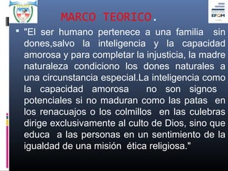 MARCO TEORICO.
 "El ser humano pertenece a una familia       sin
 dones,salvo la inteligencia y la capacidad
 amorosa y para completar la injusticia, la madre
 naturaleza condiciono los dones naturales a
 una circunstancia especial.La inteligencia como
 la capacidad amorosa          no son signos
 potenciales si no maduran como las patas en
 los renacuajos o los colmillos en las culebras
 dirige exclusivamente al culto de Dios, sino que
 educa a las personas en un sentimiento de la
 igualdad de una misión ética religiosa."
 