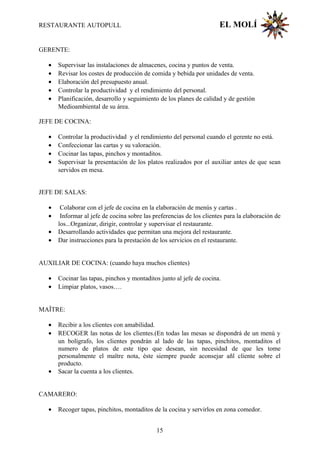 RESTAURANTE AUTOPULL EL MOLÍ
GERENTE:
• Supervisar las instalaciones de almacenes, cocina y puntos de venta.
• Revisar los costes de producción de comida y bebida por unidades de venta.
• Elaboración del presupuesto anual.
• Controlar la productividad y el rendimiento del personal.
• Planificación, desarrollo y seguimiento de los planes de calidad y de gestión
Medioambiental de su área.
JEFE DE COCINA:
• Controlar la productividad y el rendimiento del personal cuando el gerente no está.
• Confeccionar las cartas y su valoración.
• Cocinar las tapas, pinchos y montaditos.
• Supervisar la presentación de los platos realizados por el auxiliar antes de que sean
servidos en mesa.
JEFE DE SALAS:
• Colaborar con el jefe de cocina en la elaboración de menús y cartas .
• Informar al jefe de cocina sobre las preferencias de los clientes para la elaboración de
los...Organizar, dirigir, controlar y supervisar el restaurante.
• Desarrollando actividades que permitan una mejora del restaurante.
• Dar instrucciones para la prestación de los servicios en el restaurante.
AUXILIAR DE COCINA: (cuando haya muchos clientes)
• Cocinar las tapas, pinchos y montaditos junto al jefe de cocina.
• Limpiar platos, vasos….
MAÎTRE:
• Recibir a los clientes con amabilidad.
• RECOGER las notas de los clientes.(En todas las mesas se dispondrá de un menú y
un bolígrafo, los clientes pondrán al lado de las tapas, pinchitos, montaditos el
numero de platos de este tipo que desean, sin necesidad de que les tome
personalmente el maître nota, éste siempre puede aconsejar añl cliente sobre el
producto.
• Sacar la cuenta a los clientes.
CAMARERO:
• Recoger tapas, pinchitos, montaditos de la cocina y servirlos en zona comedor.
15
 