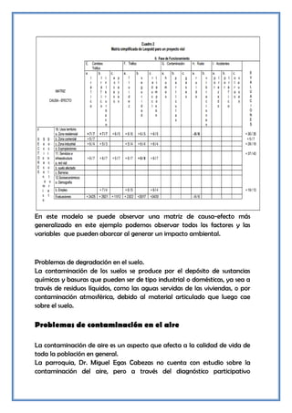 En este modelo se puede observar una matriz de causa-efecto más
generalizado en este ejemplo podemos observar todos los factores y las
variables que pueden abarcar al generar un impacto ambiental.



Problemas de degradación en el suelo.
La contaminación de los suelos se produce por el depósito de sustancias
químicas y basuras que pueden ser de tipo industrial o domésticas, ya sea a
través de residuos líquidos, como las aguas servidas de las viviendas, o por
contaminación atmosférica, debido al material articulado que luego cae
sobre el suelo.

Problemas de contaminación en el aire

La contaminación de aire es un aspecto que afecta a la calidad de vida de
toda la población en general.
La parroquia, Dr. Miguel Egas Cabezas no cuenta con estudio sobre la
contaminación del aire, pero a través del diagnóstico participativo
 