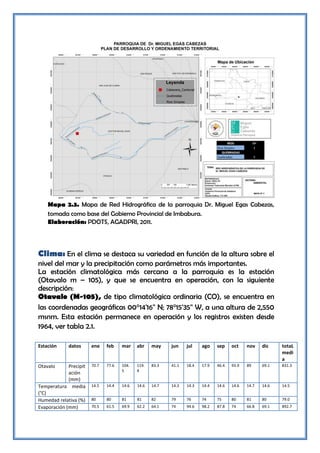 Mapa 2.3. Mapa de Red Hidrográfica de la parroquia Dr. Miguel Egas Cabezas,
    tomada como base del Gobierno Provincial de Imbabura.
    Elaboración: PDOTS, AGADPRI, 2011.




Clima: En el clima se destaca su variedad en función de la altura sobre el
nivel del mar y la precipitación como parámetros más importantes.
La estación climatológica más cercana a la parroquia es la estación
(Otavalo m – 105), y que se encuentra en operación, con la siguiente
descripción:
Otavalo (M-105), de tipo climatológica ordinaria (CO), se encuentra en
las coordenadas geográficas 00°14'16'' N; 78°15'35'' W, a una altura de 2,550
msnm. Esta estación permanece en operación y los registros existen desde
1964, ver tabla 2.1.

Estación     datos      ene    feb    mar    abr    may    jun    jul    ago    sep    oct    nov    dic    totaL
                                                                                                            medi
                                                                                                            a
Otavalo      Precipit   70.7   77.6   104.   119.   83.3   41.1   18.4   17.9   46.4   93.9   89     69.1   831.3
                                      5      4
             ación
             (mm)
Temperatura media       14.5   14.4   14.6   14.6   14.7   14.3   14.3   14.4   14.6   14.6   14.7   14.6   14.5
(°C)
Humedad relativa (%)    80     80     81     81     82     79     76     74     75     80     81     80     79.0
Evaporación (mm)        70.5   61.5   69.9   62.2   64.1   74     94.6   98.2   87.8   74     66.8   69.1   892.7
 
