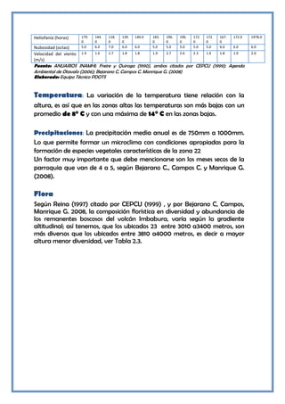 Heliofanía (horas)     179.   144.   118.   139.   140.0   183.   196.   196.   172.   172.   167.   172.0   1978.0
                       0      0      0      0              0      0      0      0      0      0
Nubosidad (octas)      5.0    6.0    7.0    6.0    6.0     5.0    5.0    5.0    5.0    5.0    6.0    6.0     6.0
Velocidad del viento   1.9    1.6    1.7    1.8    1.8     1.9    2.7    2.6    2.3    1.9    1.8    1.9     2.0
(m/s)
Fuente: ANUARIOS INAMHI; Freire y Quiroga (1990), ambos citados por CEPCU (1999); Agenda
Ambiental de Otavalo (2006); Bejarano C, Campos C. Manrique G. (2008)
Elaborado: Equipo Técnico PDOTS


Temperatura: La variación de la temperatura tiene relación con la
altura, es así que en las zonas altas las temperaturas son más bajas con un
promedio de 8° C y con una máxima de 14° C en las zonas bajas.

Precipitaciones: La precipitación media anual es de 750mm a 1000mm.
Lo que permite formar un microclima con condiciones apropiadas para la
formación de especies vegetales características de la zona 22
Un factor muy importante que debe mencionarse son los meses secos de la
parroquia que van de 4 a 5, según Bejarano C., Campos C. y Manrique G.
(2008).

Flora
Según Reina (1997) citado por CEPCU (1999) , y por Bejarano C, Campos,
Manrique G. 2008, la composición florística en diversidad y abundancia de
los remanentes boscosos del volcán Imbabura, varía según la gradiente
altitudinal; así tenemos, que los ubicados 23 entre 3010 a3400 metros, son
más diversos que los ubicados entre 3810 a4000 metros, es decir a mayor
altura menor diversidad, ver Tabla 2.3.
 