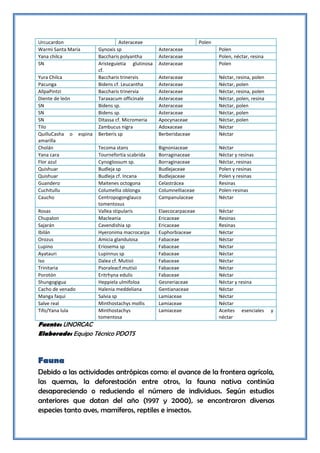 Urcucardon                           Asteraceae                        Polen
Warmi Santa María          Gynoxis sp                Asteraceae                Polen
Yana chilca                Baccharis polyantha       Asteraceae                Polen, néctar, resina
SN                         Aristeguietia glutinosa   Asteraceae                Polen
                           cf.
Yura Chilca                Baccharis trinervis       Asteraceae                Néctar, resina, polen
Pacunga                    Bidens cf. Leucantha      Asteraceae                Néctar, polen
AllpaPintzi                Baccharis trinervia       Asteraceae                Néctar, resina, polen
Diente de león             Taraxacum officinale      Asteraceae                Néctar, polen, resina
SN                         Bidens sp.                Asteraceae                Néctar, polen
SN                         Bidens sp.                Asteraceae                Néctar, polen
SN                         Ditassa cf. Micromeria    Apocynaceae               Néctar, polen
Tilo                       Zambucus nigra            Adoxaceae                 Néctar
QuilluCasha o     espina   Berberis sp               Berberidaceae             Néctar
amarilla
Cholán                     Tecoma stans              Bignoniaceae              Néctar
Yana cara                  Tournefortia scabrida     Borraginaceae             Néctar y resinas
Flor azul                  Cynoglossum sp.           Borraginaceae             Néctar, resinas
Quishuar                   Budleja sp                Budlejaceae               Polen y resinas
Quishuar                   Budleja cf. Incana        Budlejaceae               Polen y resinas
Guandero                   Maitenes octogona         Celastrácea               Resinas
Cuchitullu                 Columellia oblonga        Columnelliaceae           Polen-resinas
Caucho                     Centropogonglauco         Campanulaceae             Néctar
                           tomentosus
Rosas                      Vallea stipularis         Elaecocarpaceae           Néctar
Chupalon                   Macleania                 Ericaceae                 Resinas
Sajarán                    Cavendishia sp            Ericaceae                 Resinas
Ibilán                     Hyeronima macrocarpa      Euphorbiaceae             Néctar
Orozus                     Amicia glandulosa         Fabaceae                  Néctar
Lupino                     Eriosema sp               Fabaceae                  Néctar
Ayatauri                   Lupinnus sp               Fabaceae                  Néctar
Iso                        Dalea cf. Mutisii         Fabaceae                  Néctar
Trinitaria                 Psoraleacf.mutisii        Fabaceae                  Néctar
Porotón                    Eritrhyna edulis          Fabaceae                  Néctar
Shungogigua                Heppiela ulmifoloa        Gesneriaceae              Néctar y resina
Cacho de venado            Halenia meddeliana        Gentianaceae              Néctar
Manga faqui                Salvia sp                 Lamiaceae                 Néctar
Salve real                 Minthostachys mollis      Lamiaceae                 Néctar
Tifo/Yana lula             Minthostachys             Lamiaceae                 Aceites esenciales      y
                           tomentosa                                           néctar
Fuente: UNORCAC
Elaborado: Equipo Técnico PDOTS



Fauna
Debido a las actividades antrópicas como: el avance de la frontera agrícola,
las quemas, la deforestación entre otros, la fauna nativa continúa
desapareciendo o reduciendo el número de individuos. Según estudios
anteriores que datan del año (1997 y 2000), se encontraron diversas
especies tanto aves, mamíferos, reptiles e insectos.
 