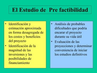 El Estudio de Pre factibilidad
• Identificación y
estimación aproximada
en forma desagregada de
los costos y beneficios
del proyecto
• Identificación de la
magnitud de las
inversiones y las
posibilidades de
financiamiento
• Análisis de probables
dificultades que podría
encarar el proyecto
durante su vida útil
• Evaluación de las
proyecciones y determinar
conveniencia de iniciar
los estudios definitivos
 