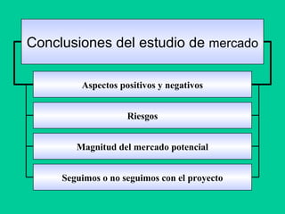 Riesgos
Aspectos positivos y negativos
Magnitud del mercado potencial
Seguimos o no seguimos con el proyecto
Conclusiones del estudio de mercado
 