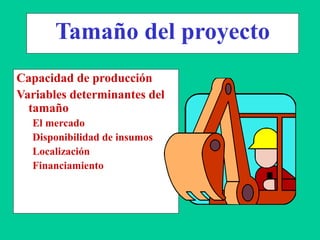 Tamaño del proyecto
Capacidad de producción
Variables determinantes del
tamaño
El mercado
Disponibilidad de insumos
Localización
Financiamiento
 