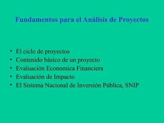Fundamentos para el Análisis de Proyectos
• El ciclo de proyectos
• Contenido básico de un proyecto
• Evaluación Economica Financiera
• Evaluación de Impacto
• El Sistema Nacional de Inversión Pública, SNIP
 