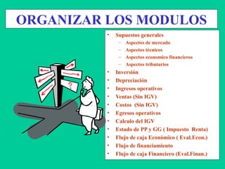 ORGANIZAR LOS MODULOS
• Supuestos generales
– Aspectos de mercado
– Aspectos técnicos
– Aspectos economico financieros
– Aspectos tributarios
• Inversión
• Depreciación
• Ingresos operativos
• Ventas (Sin IGV)
• Costos (Sin IGV)
• Egresos operativos
• Calculo del IGV
• Estado de PP y GG ( Impuesto Renta)
• Flujo de caja Econòmico ( Eval.Econ.)
• Flujo de financiamiento
• Flujo de caja Financiero (Eval.Finan.)
 