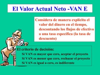 El Valor Actual Neto -VAN E
Considera de manera explícita el
valor del dinero en el tiempo,
descontando los flujos de efectivo
a una tasa específica (la tasa de
descuento)
El criterio de decisión:
Si VAN es mayor que cero, aceptar el proyecto
Si VAN es menor que cero, rechazar el proyecto
Si VAN es igual a cero, es indiferente
 