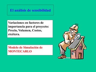 El análisis de sensibilidad
Variaciones en factores de
importancia para el proyecto:
Precio, Volumen, Costos,
etcétera.
Modelo de Simulación de
MONTECARLO
 