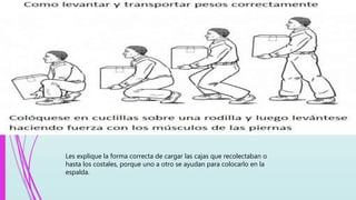 Les explique la forma correcta de cargar las cajas que recolectaban o
hasta los costales, porque uno a otro se ayudan para colocarlo en la
espalda.
 