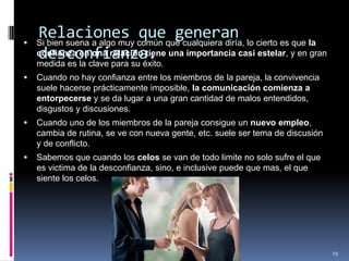 Relaciones que generan desconfianza.Si bien suena a algo muy común que cualquiera diría, lo cierto es que la confianza en una relación tiene una importancia casi estelar, y en gran medida es la clave para su éxito.Cuando no hay confianza entre los miembros de la pareja, la convivencia suele hacerse prácticamente imposible, la comunicación comienza a entorpecerse y se da lugar a una gran cantidad de malos entendidos, disgustos y discusiones.Cuando uno de los miembros de la pareja consigue un nuevo empleo, cambia de rutina, se ve con nueva gente, etc. suele ser tema de discusión y de conflicto.Sabemos que cuando los celos se van de todo limite no solo sufre el que es victima de la desconfianza, sino, e inclusive puede que mas, el que siente los celos.29