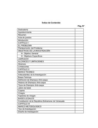 Índice de Contenido
Pág. N°
Dedicatoria
Agradecimiento
Resumen
Acta de jurados
Introducción
CAPÍTULO I
EL PROBLEMA
Planteamiento del Problema
OBJETIVOS DE LA INVESTIGACIÓN
 Objetivo General
 Objetivos Específicos
Justificación
ALCANCES Y LIMITACIONES
Alcances
Limitaciones
CAPITULO II
MARCO TEORICO
Antecedentes de la Investigación
Bases Teóricas
Definición de Shampoo Anti-caspa
Historia de Shampoo Anti-caspa
Tipos de Shampoo Anti-caspa
Jabón de bebé
Cayena
Vinagre
Fijadores de vinagre
BASES LEGALES
Constitución de la República Bolivariana de Venezuela
CAPITULO III
MARCO METODOLOGICO
Tipo de Investigación
Diseño de Investigación
 