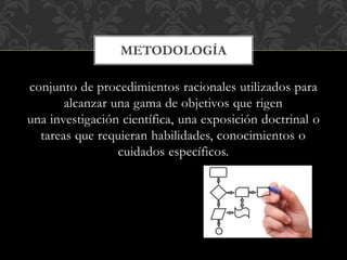 conjunto de procedimientos racionales utilizados para
alcanzar una gama de objetivos que rigen
una investigación científica, una exposición doctrinal o
tareas que requieran habilidades, conocimientos o
cuidados específicos.
METODOLOGÍA
 