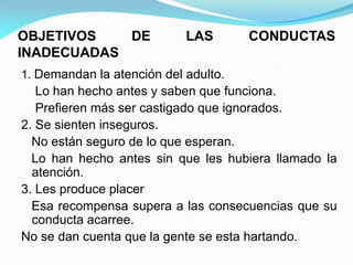 OBJETIVOS DE LAS CONDUCTAS
INADECUADAS
1. Demandan la atención del adulto.
Lo han hecho antes y saben que funciona.
Prefieren más ser castigado que ignorados.
2. Se sienten inseguros.
No están seguro de lo que esperan.
Lo han hecho antes sin que les hubiera llamado la
atención.
3. Les produce placer
Esa recompensa supera a las consecuencias que su
conducta acarree.
No se dan cuenta que la gente se esta hartando.
 