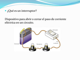  ¿Qué es un interruptor?
Dispositivo para abrir o cerrar el paso de corriente
eléctrica en un circuito.
 
