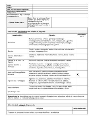 Grado:
Género:
Áreas del conocimiento preferidas:
Nombre de tus padres o adulto
acompañante:
Número de teléfono (fijo y celular) o
correo electrónico:
                                  Deben darle al anteproyecto un
                                  nombre que refleje la pregunta
                                  de investigación que
 Título del Anteproyecto
                                  seleccionaron. Preferiblemente
                                  corto y llamativo, para invitar a
                                  la lectura.


 Selección del área temática más cercana al proyecto:
                                                                                                              Marque con
          Área temática                                           Ejemplos
                                                                                                                una x
                                   Zoología (animales), botánica (plantas), microbiología
                                   (microorganismos como bacterias, virus, protozoos, etc.), genética,
 Biociencias                       biología molecular y celular, bioquímica, biotecnología, ecología,
                                   conservación, ciencias agropecuarias y afines.


                                   Química orgánica, inorgánica, analítica, fisicoquímica, química de los
 Química                           productos naturales y afines.

                                   Estadística, modelación matemática, física, biofísica, óptica, acústica
 Ciencias Matemáticas y
 Física                            y afines.

 Ciencias de la Tierra y el        Astronomía, geología, minería, climatología, sismología y afines.
 Espacio
                                   Psicología, educación y pedagogía, sociología, antropología,
 Ciencias Sociales y
                                   arqueología, paleontología, historia, economía, comunicación,
 Humanas
                                   periodismo, lingüística, artes, literatura, música y afines.

                                   Agua, gas, energía (de combustibles fósiles y alternativas),
 Servicios Públicos y Medio
                                   saneamiento, transporte (terrestre, aéreo y acuático), gestión
 Ambiente
                                   ambiental, impacto ambiental, contaminación, reciclaje y afines.          x
                                   Ingeniería civil, electrónica, eléctrica, mecánica o de sistemas,
 Ingenierías y Tecnologías         desarrollo de software, TICs y telecomunicaciones, robótica,
                                   bioingeniería, ingeniería de materiales, nanotecnología y afines.

                                   Promoción y prevención, atención, nutrición, salud pública, salud
 Medicina y Salud
                                   ocupacional, deporte, epidemiología, enfermedades y afines

 Otra. Indique cuál:

 Nota aclaratoria: si consideran que el proyecto hace parte de varias áreas, seleccionar sólo la de mayor relevancia.
 Esto nos facilitará su evaluación y búsqueda de asesor.



 Selección de la categoría del proyecto:

                                              Categoría                                                  Marque con una X

 Proyectos de demostración de principios y procesos científicos y tecnológicos
 