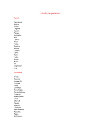 Listado de palabras
Planeta
Naturaleza
Belleza
Planta
Oxigeno
Espacio
Paisaje
Montañas
Vida
Llanura
Peces
Frutas
Respirar
Bosque
Océano
Flores
Tierra
Hielo
Mares
Arena
Sol
Vegetación
Lina
Tecnología
Mesas
Avances
Innovación
Creación
Física
Científico
Tecnológico
Computadores
Proyecto
Investigación
Crear
Internet
Equipo
Inventos
Construir
Pensamientos
Aparatos
Robot
Reflexiones
 